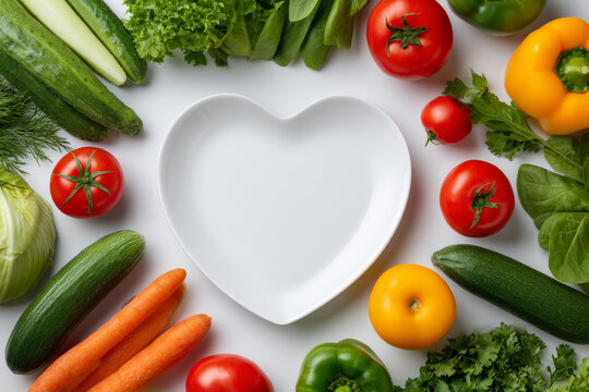 A heart-shaped arrangement of vegetables surrounding a blank white plate, symbolizing healthy eating.