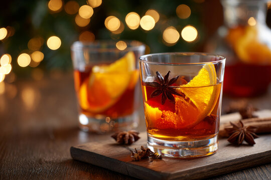 Two warm glasses of spiced amber-colored drink sit on rustic wood with bokeh lights creating a festive mood.