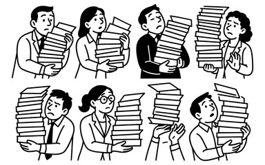 Monochrome office workers struggling with paperwork overload in cartoon style