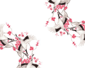 Obraz premium Corners frame of japanese cranes and sakura branches. Watercolor handmade illustration. For fabric, wallpaper, greeting cards, design, decoration and illustration.
