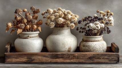 Still life of rustic dried flowers in ceramic pots on wood tray