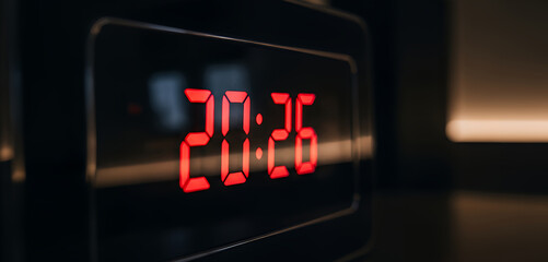 Red LED numbers showing 20:26 stand out sharply against the dark glossy screen of a digital clock, emphasizing a sleek contemporary design with warm ambient lighting.