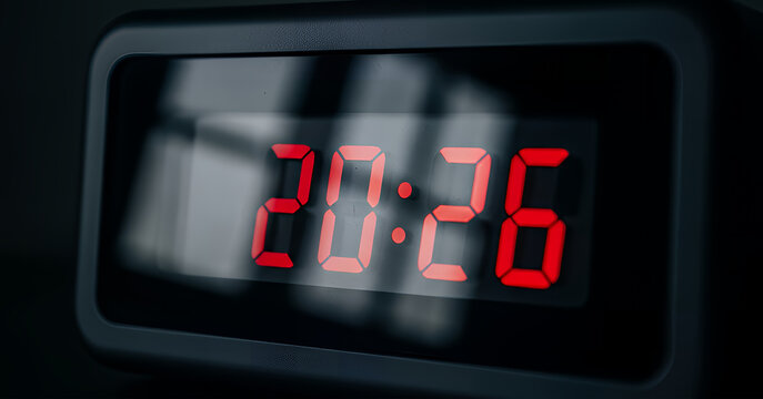 Illuminated numbers showing 20:26 create a modern and warm look, blending subtle reflections and shadows that convey the essence of transitioning into the celebratory atmosphere of 2026. - Powered by Adobe