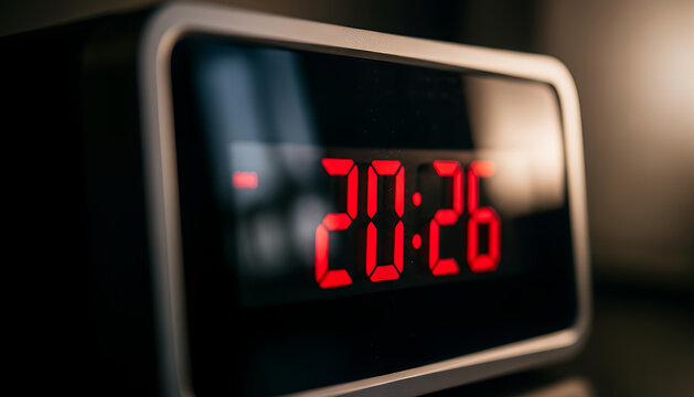 Red LED digits set to 20:26 appear crisp on the reflective surface of a digital clock, creating a focused, modern look supported by blurred edges and smooth lighting. - Powered by Adobe