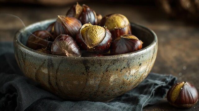 Warm roasted chestnuts in a rustic bowl