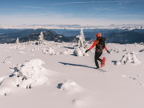 A woman snowshoes across a snowy mountain landscape on a sunny day. Paganella, Roda refuge,Trentino, Italy