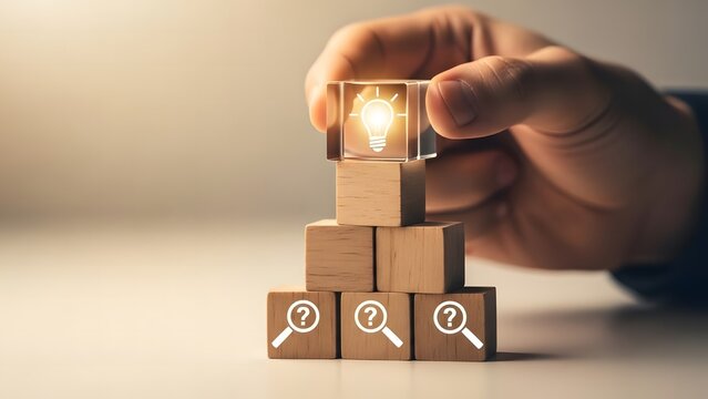 Hand placing glowing light bulb block on stack of wooden cubes with question marks