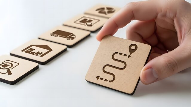 Hand holding a wooden tile with a winding path and location pin representing logistics and delivery