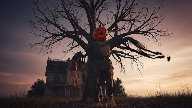 Static low-angle shot of a foreboding, leafless tree in a front yard. A zombie scarecrow is tangled in its branches, one arm dangling loosely