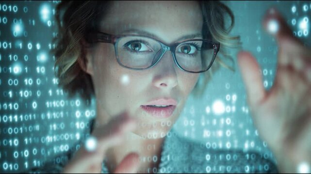 Digital Frontier: A focused professional, her eyes fixed on the dynamic flow of data, seems to interact with an abstract digital interface, embodying the essence of futuristic technology.
