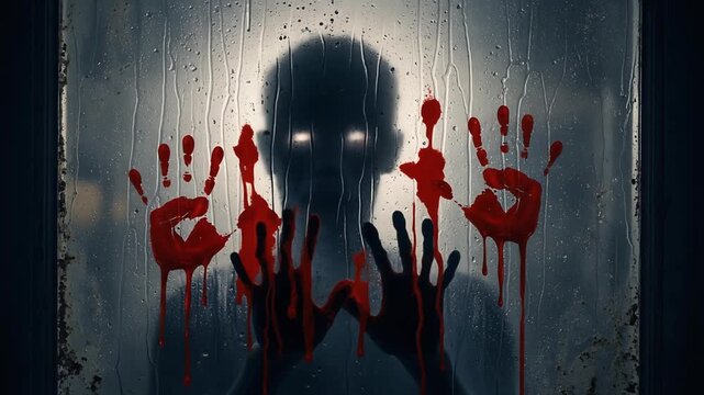 Static shot looking at a dirty, rain-streaked window from outside. Behind the glass, the silhouette of a zombie face is pressed against it