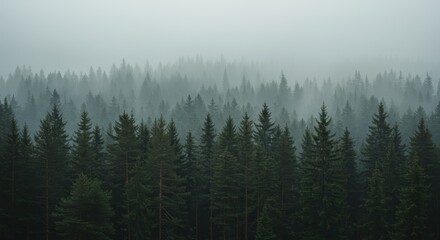 Dense evergreen forest canopy receding into atmospheric mist and low clouds