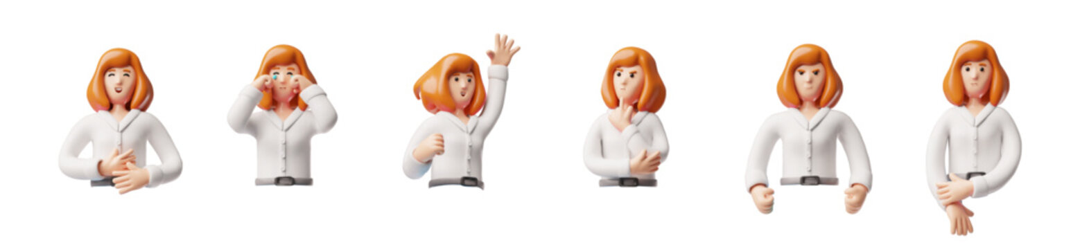Businesswoman positive and negative expression vector set, 3D cartoon office employee wear white blouse half body