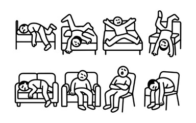 Fototapeta premium Comical line art depictions of sleepy and relaxed poses on furniture