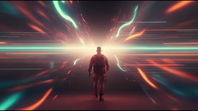 Path to Breakthrough: An individual, silhouetted against a radiant vortex, embarking on a journey towards a brighter future. Capturing forward momentum, technological advancement.