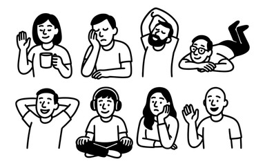 Casual expressions: people in relaxed and thoughtful poses with line art style