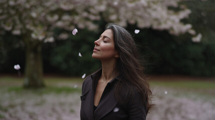 Woman Walking Through Falling Cherry Blossoms