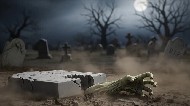 Static shot of a crooked foam tombstone. It suddenly tips over and falls to the ground with a thud, revealing a hidden, animated zombie hand writhing in the hole beneath it