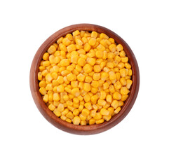 A rustic bowl with corn kernels on a white background