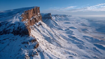 Snowy cliffs and vast frozen plain under a serene blue winter sky