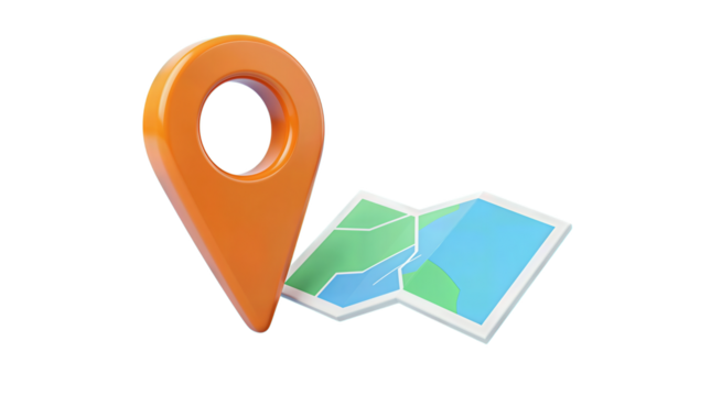 3D Orange Location Pin with Folded Map Illustration
