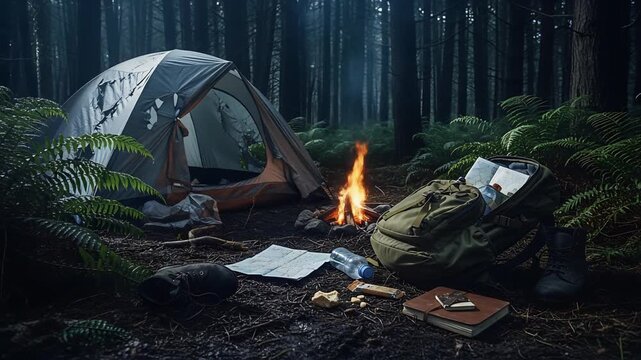 Static shot of a recently abandoned campsite in the woods. A tent is collapsed and torn, a campfire is smoldering, and a backpack lies open with contents spilled