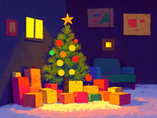 Festive Christmas Tree in a Warm, Cozy Room at Night