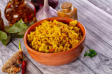 Indian yellow curry rice with tumeric