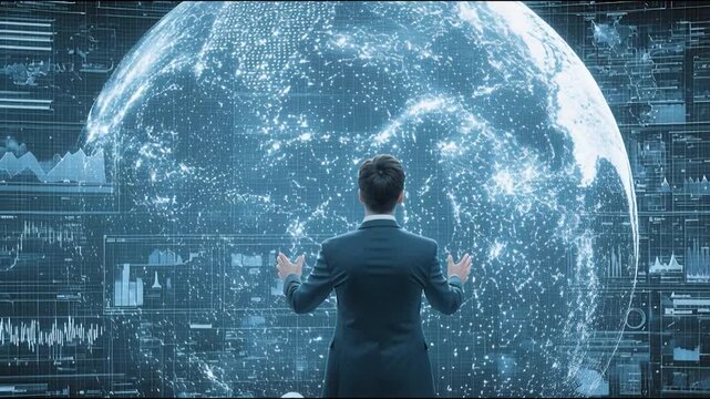 Visionary in Command: A focused individual stands before a futuristic holographic globe, a symphony of data surrounding him, exuding command and vision of advanced technology.