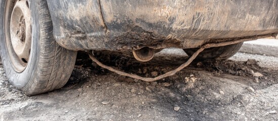 Damaged car exhaust pipe hanging low.