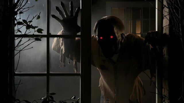 Shot from inside the garden looking out at a window. A motion-activated zombie prop with glowing red eyes suddenly lurches into frame from the side