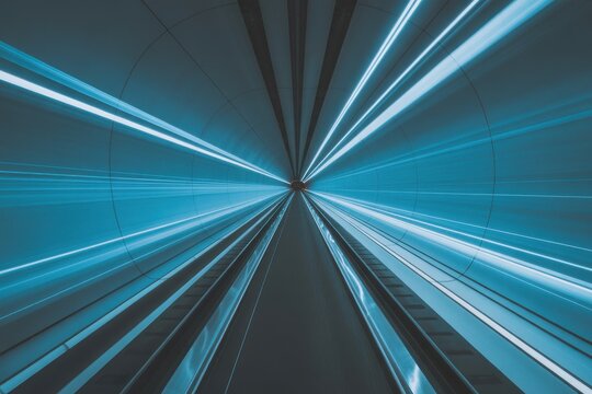 Abstract blue light trails converging at a vanishing point creating a sense of speed and motion