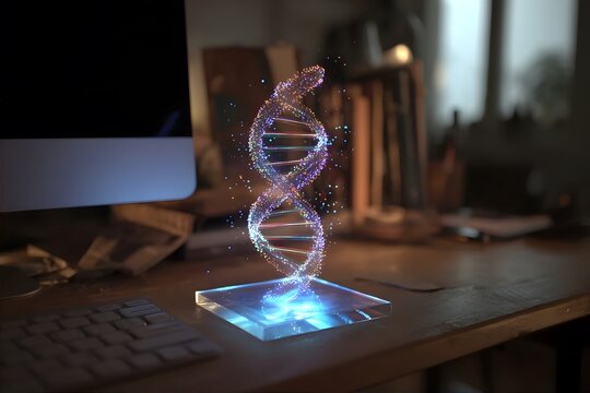 A glowing holographic DNA helix floats above a small base on a wooden desk in a dimly lit workspace.