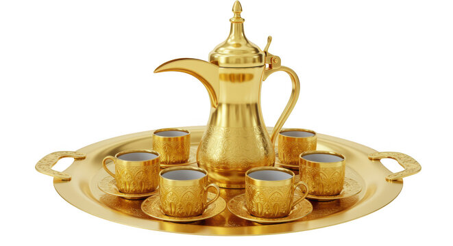 Golden arabic coffee pot and cups on a tray isolated on transparent background