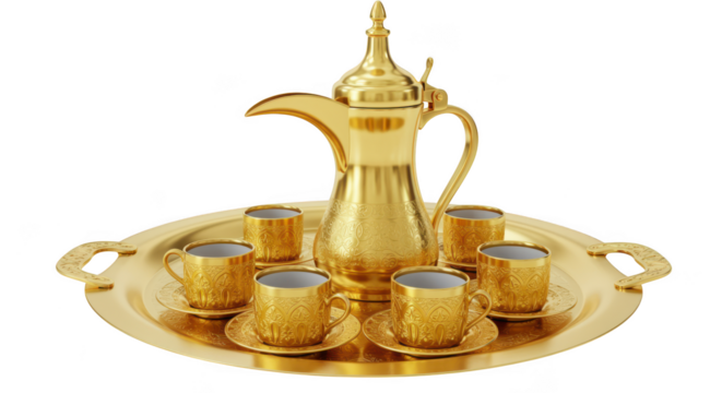 Golden arabic coffee pot and cups on a tray isolated on transparent background