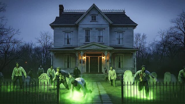 Static wide shot of a decrepit Victorian house facade. A zombie invasion scene in the front yard with multiple zombie mannequins crawling towards the camera