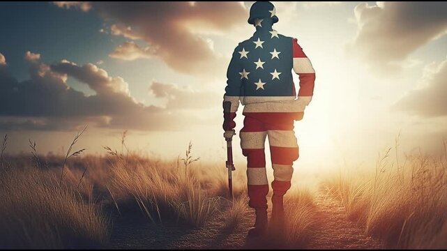 Heroic Patriot: A solemn silhouette of a soldier stands tall against the backdrop of a vast field, his form infused with the colors of the American flag, a powerful symbol of valor, duty.