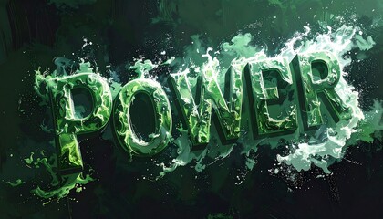 Power word artwork with an energy burst and dynamic splashing effect in green tones