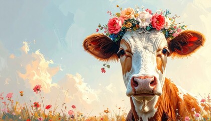 A cow wearing a floral crown stands in a meadow of blooming flowers under a bright sky watercolor illustration
