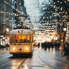 Vintage Christmas tram wrapped in glowing fairy lights on a charming street, creating a festive holiday atmosphere. Perfect for web, blog, flyer, banner, showcasing seasonal joy, magic, and celebratio