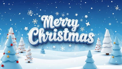 A cheerful and stylized 3D illustration of a snowy winter landscape featuring cartoonish blue and white Christmas trees, falling snowflakes, and bold "Merry Christmas" text in the center.