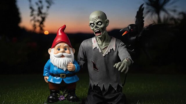 Static, slightly humorous shot of a garden gnome next to a zombie decoration that is missing an arm. The zombie's head is twitching