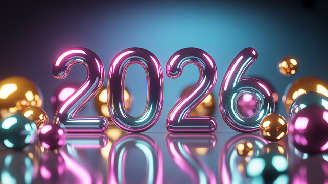 Shiny metallic 2026 numbers with festive orbs and neon lights