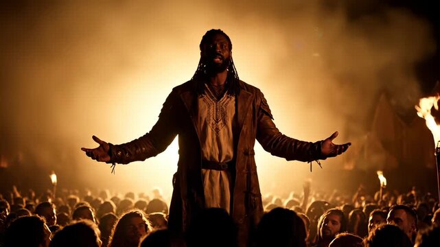 Leader stands before crowd under torchlight with strong presence. Preacher raises arms toward fire. Crowd watches in silence around torch. Ritual fills night with heat. Mob follows speech in response.