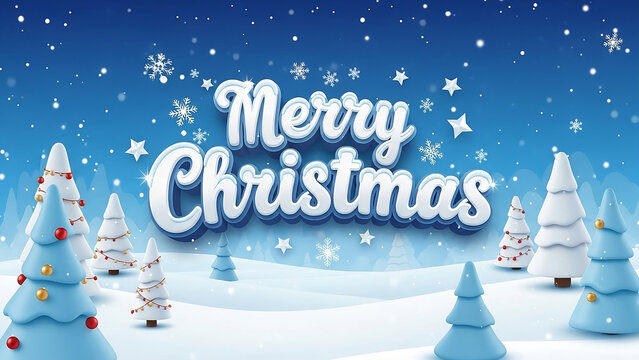 A cheerful and stylized 3D illustration of a snowy winter landscape featuring cartoonish blue and white Christmas trees, falling snowflakes, and bold "Merry Christmas" text in the center.