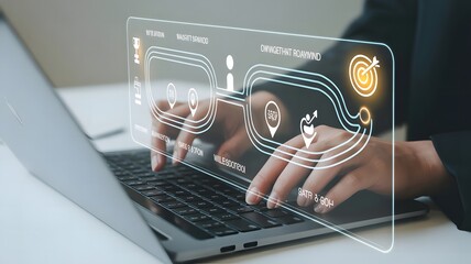 Business person typing on laptop with digital marketing strategy overlay