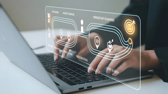 Business person typing on laptop with digital marketing strategy overlay