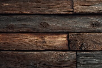 Fototapeta premium Weathered dark brown wooden planks stacked horizontally forming a textured background.