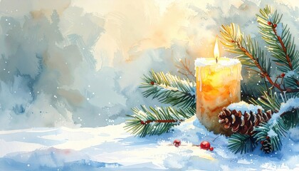 A lit candle on snow beside pine branches with pinecones and berries in watercolor illustration style