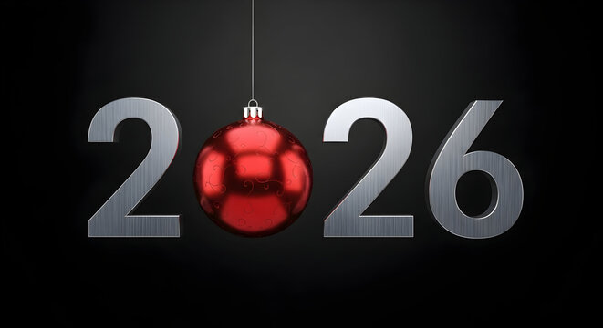 Happy new year 2026 greeting with silver numbers and festive red bauble - Powered by Adobe